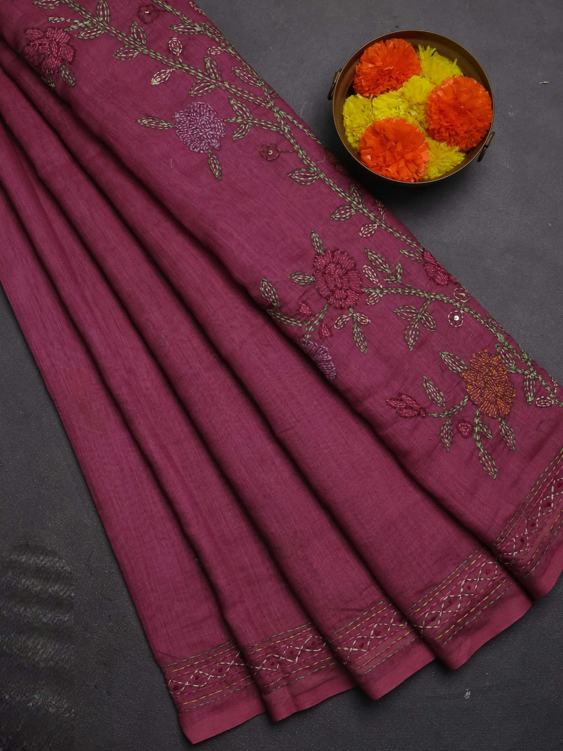 Khadi Linen Embroidery Cotton Saree - Wine